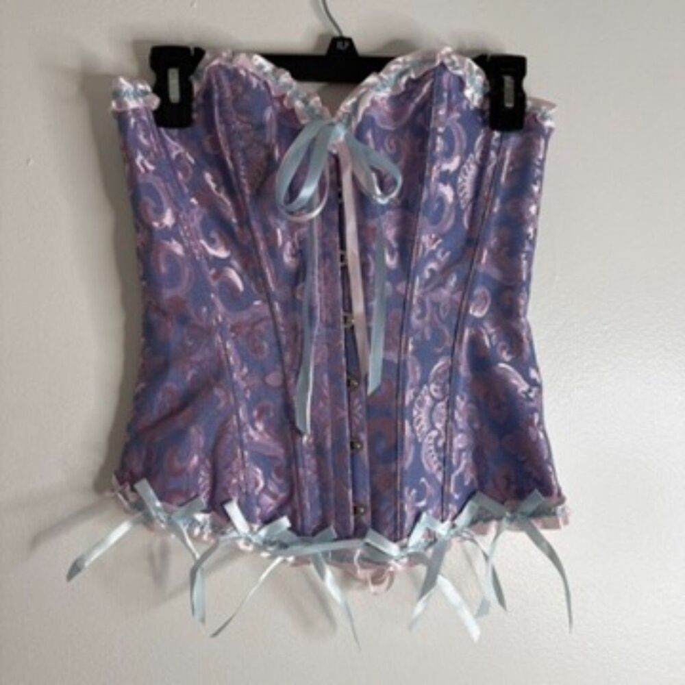 Y2K Purple Satin Lace Corset Bustier Top Lace Up Boned Fairycore Coquette Sz M